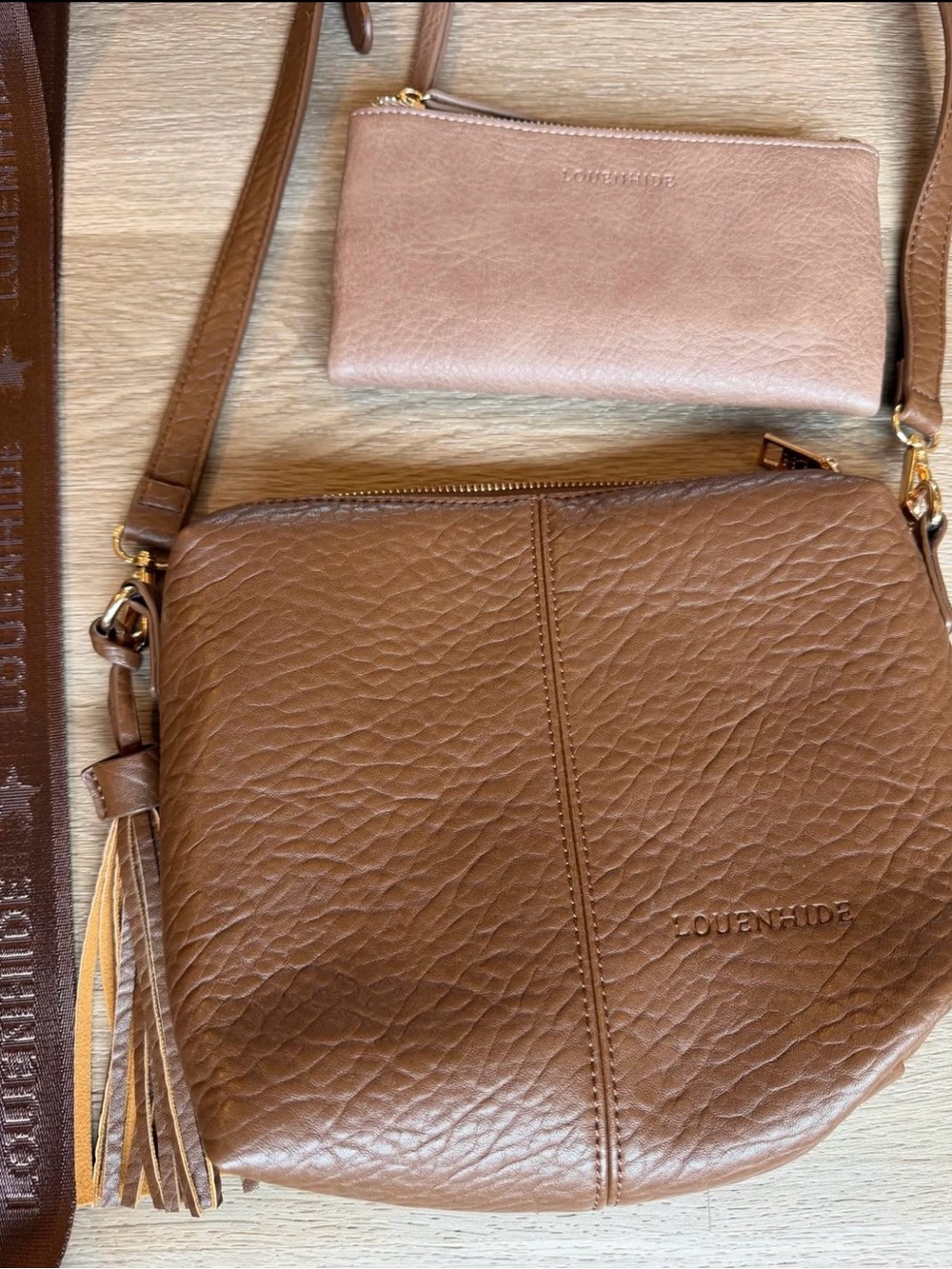 LOUENHIDE Brown Textured Leather Crossbody Bag with Tassel with matching Wallett
